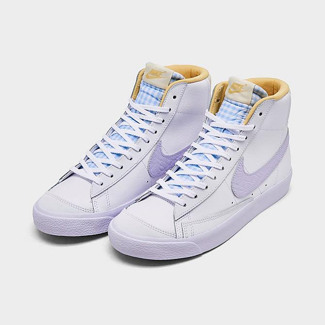 Three Quarter view of Girls' Big Kids' Nike Blazer Mid '77 Casual Shoes in White/Oxygen Purple/Coconut Milk Click to zoom