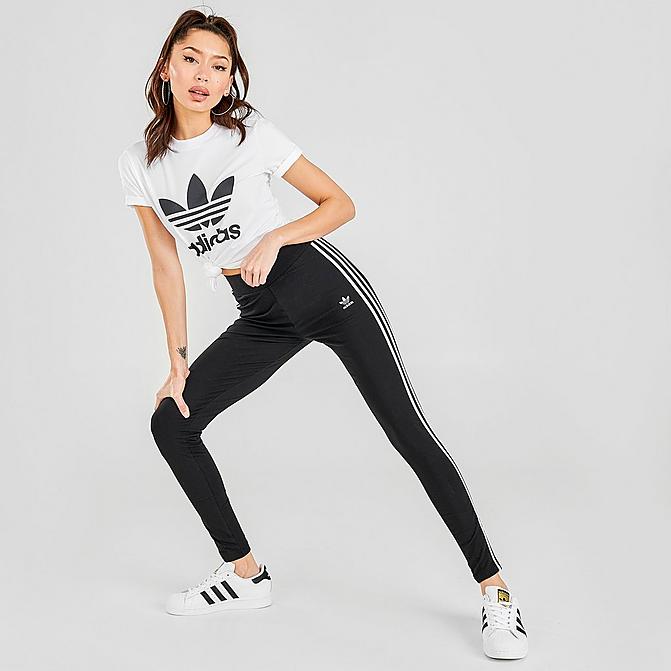 Front view of Women's adidas Originals 3-Stripes Trefoil Leggings in Black/White Click to zoom