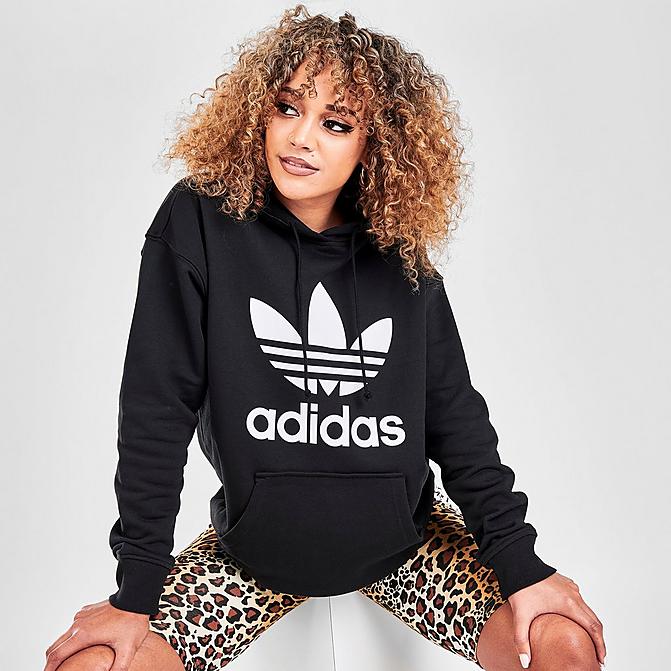 Front view of Women's adidas Originals Heritage Trefoil Logo Hoodie in Black/White Click to zoom