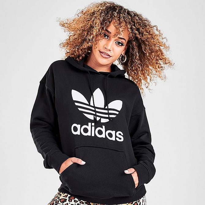 Back Left view of Women's adidas Originals Heritage Trefoil Logo Hoodie in Black/White Click to zoom