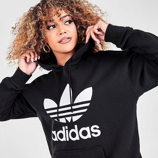 On Model 5 view of Women's adidas Originals Heritage Trefoil Logo Hoodie in Black/White Click to zoom