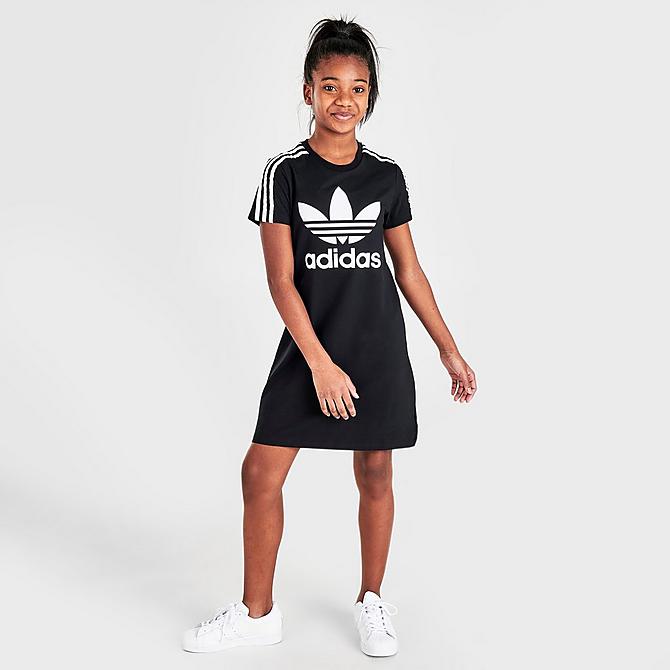 Front Three Quarter view of Girls' adidas Originals Skater Dress in Black/White Click to zoom