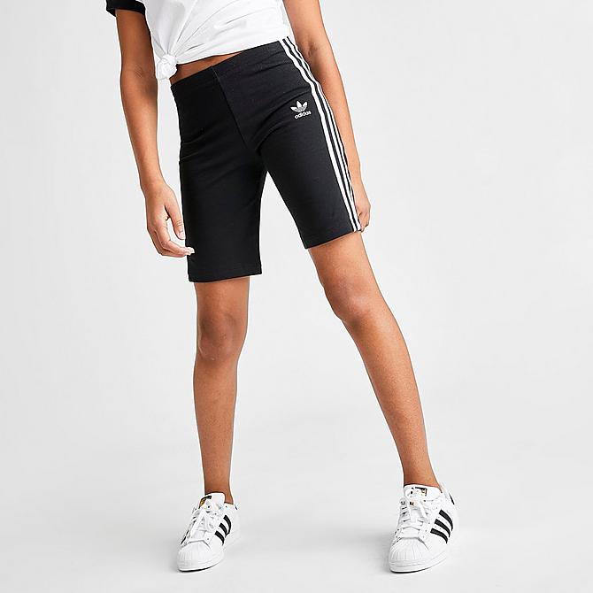 Front Three Quarter view of Girls' adidas Originals Bike Shorts in Black/White Click to zoom