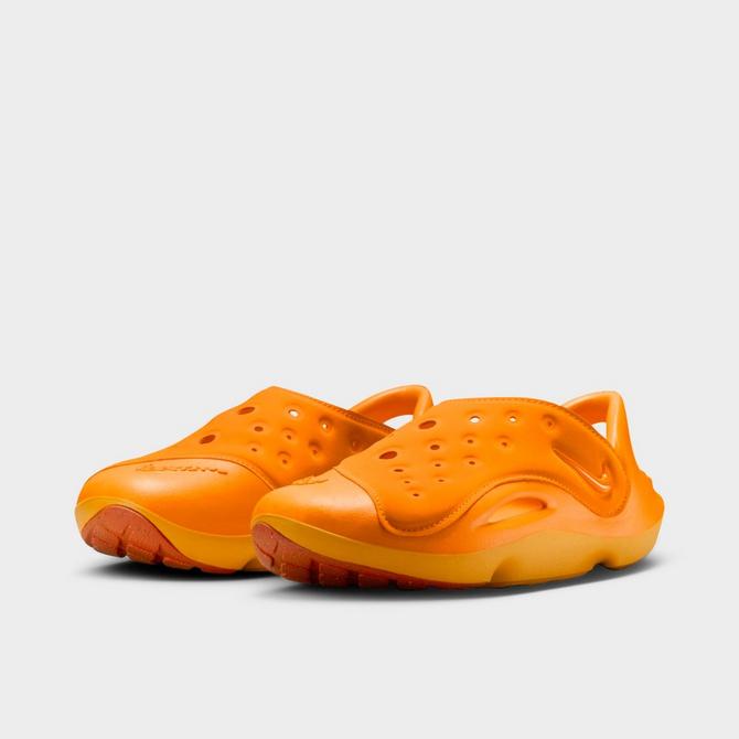 Three Quarter view of Little Kids' Nike Aqua Swoosh Sandals in Orange Peel/Orange Peel/Picante Red Click to zoom