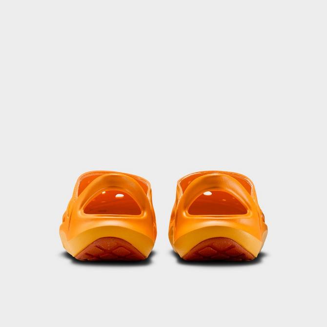 Left view of Little Kids' Nike Aqua Swoosh Sandals in Orange Peel/Orange Peel/Picante Red Click to zoom