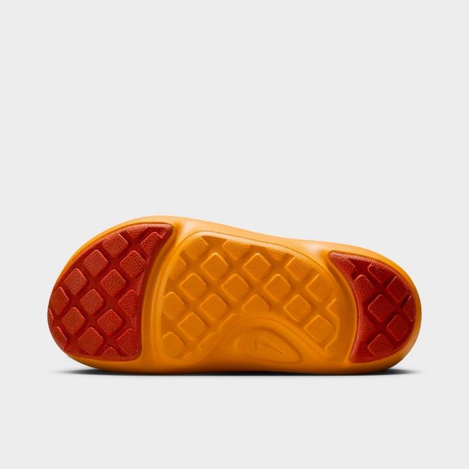 Bottom view of Little Kids' Nike Aqua Swoosh Sandals in Orange Peel/Orange Peel/Picante Red Click to zoom