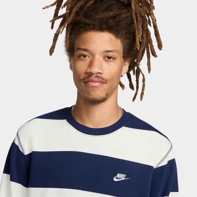 [angle] view of Men's Nike Club Fleece Striped Heavyweight French Terry Crewneck Sweatshirt in Midnight Navy/Sail/White Click to zoom