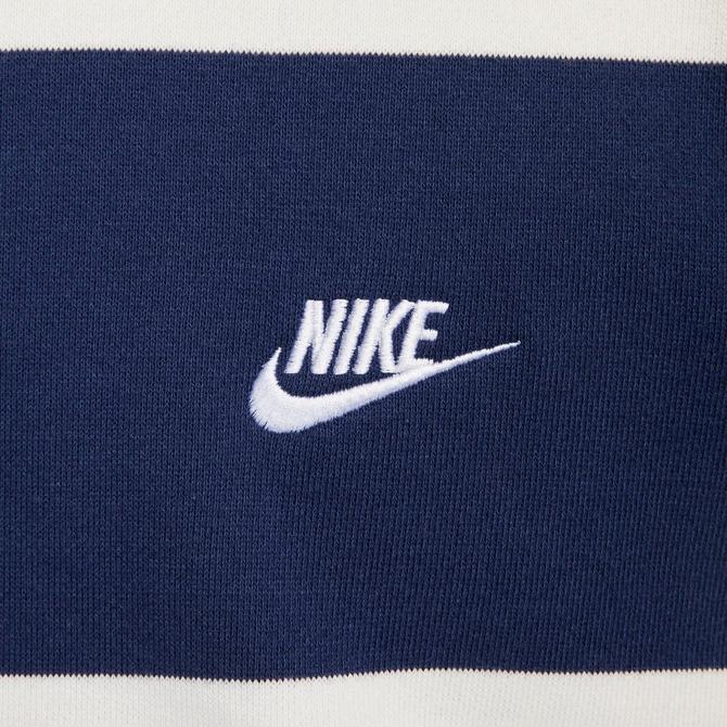 [angle] view of Men's Nike Club Fleece Striped Heavyweight French Terry Crewneck Sweatshirt in Midnight Navy/Sail/White Click to zoom