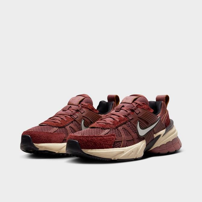 Three Quarter view of Women's Nike V2K Run Casual Shoes in Red Sepia/Chrome/Dark Pony/Black Click to zoom