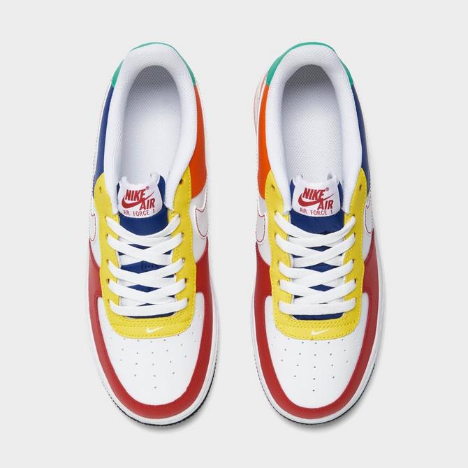 Red blue store yellow nike shoes