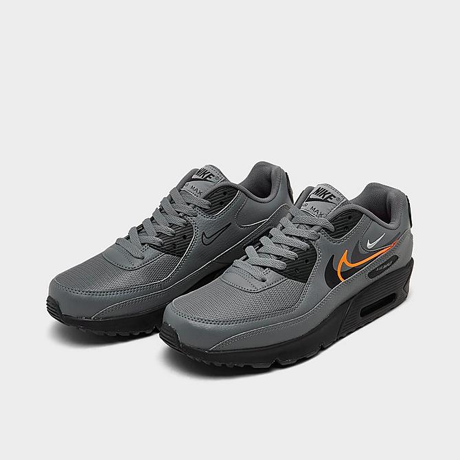 Three Quarter view of Big Kids' Nike Air Max 90 Next Nature Casual Shoes in Smoke Grey/Black/Bright Mandarin Click to zoom