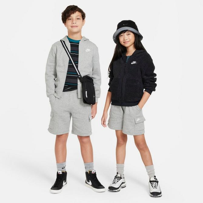 [angle] view of Kids' Nike Sportswear Club Fleece Cargo Shorts in Dark Grey Heather/Base Grey/White Click to zoom