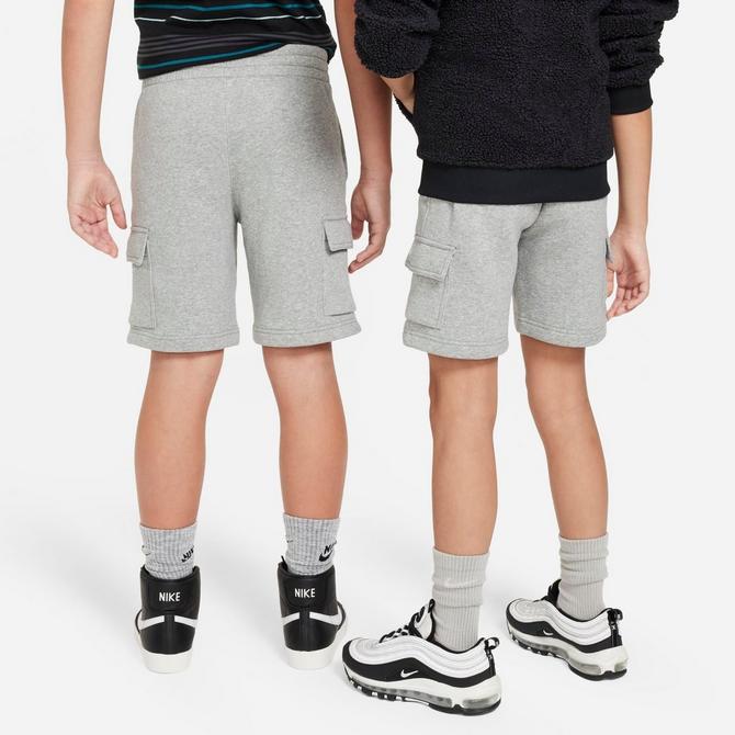 [angle] view of Kids' Nike Sportswear Club Fleece Cargo Shorts in Dark Grey Heather/Base Grey/White Click to zoom