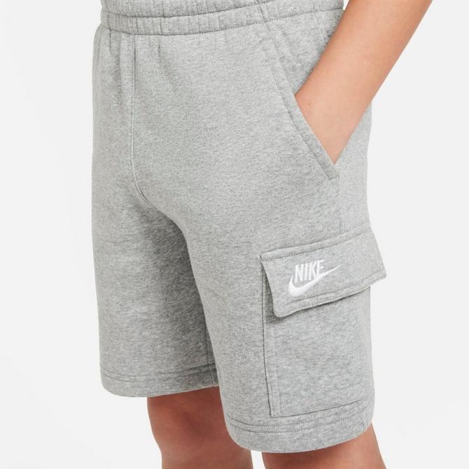 [angle] view of Kids' Nike Sportswear Club Fleece Cargo Shorts in Dark Grey Heather/Base Grey/White Click to zoom