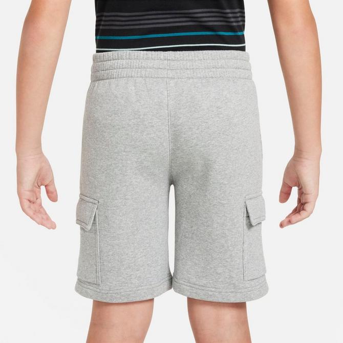 [angle] view of Kids' Nike Sportswear Club Fleece Cargo Shorts in Dark Grey Heather/Base Grey/White Click to zoom