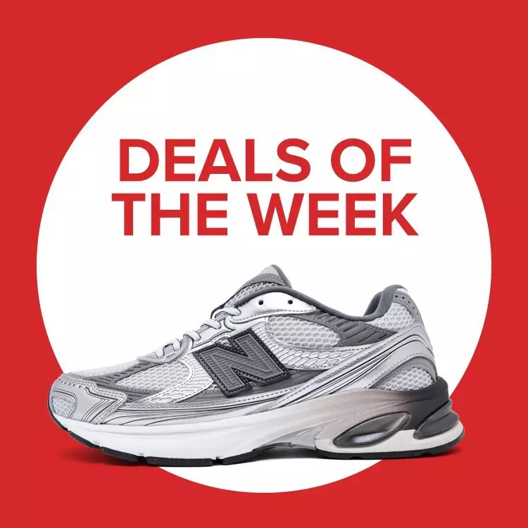 Promotional square banner featuring bold red text reading "Deals of the Week" above New Balance 2010 inside a white circle.
