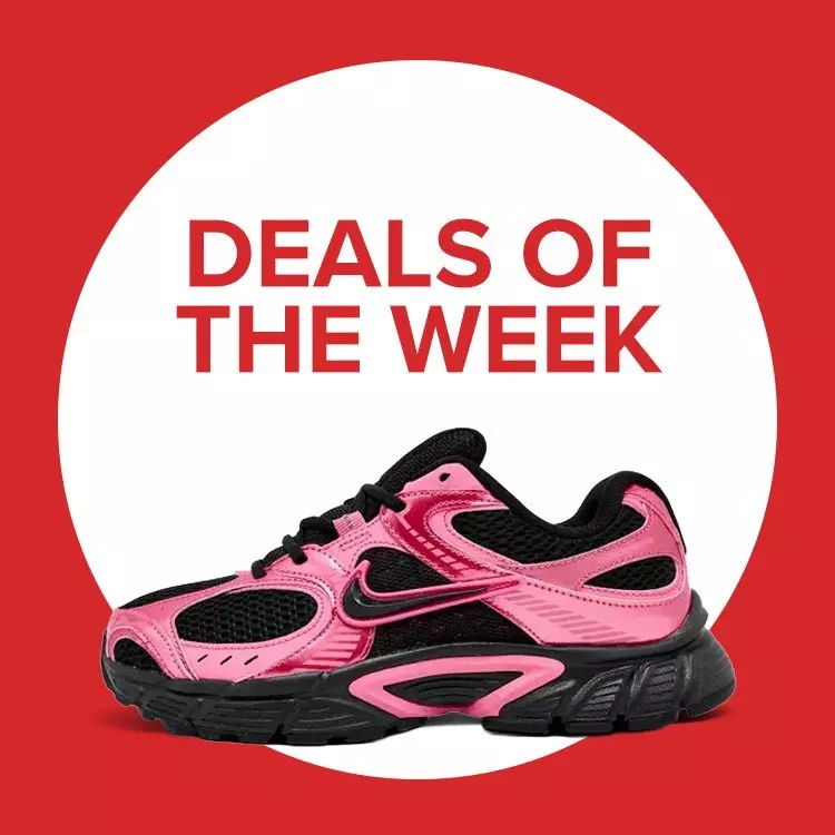 Promotional square banner featuring Women's Nike V5 RNR Casual Shoes bold red text reading "Deals of the Week" above New Balance 2010 inside a white circle.