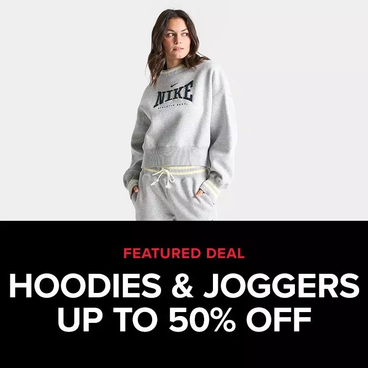 A woman modeling a grey heather Nike fleece sweatshirt and matching joggers sits above text reading Featured Deal Hoodies & Joggers Up to 50% Off.