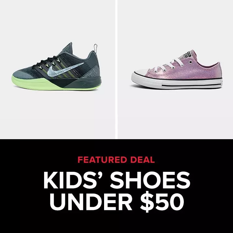 A grey and lime green Nike basketball shoe and a glittery pink Converse sneaker sit above text reading Featured Deal Kids' Shoes Under $50.