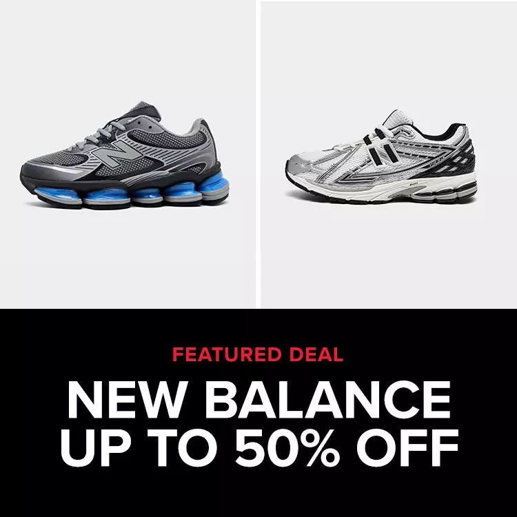 Two New Balance sneakers—a grey pair with vibrant blue cushioning pods and a white and silver pair—sit above text reading Featured Deal New Balance Up to 50% Off.