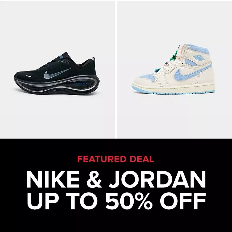 A black Nike ZoomX running shoe and a cream and light blue Air Jordan 1 High sneaker sit above text reading Featured Deal Nike & Jordan Up to 50% Off.