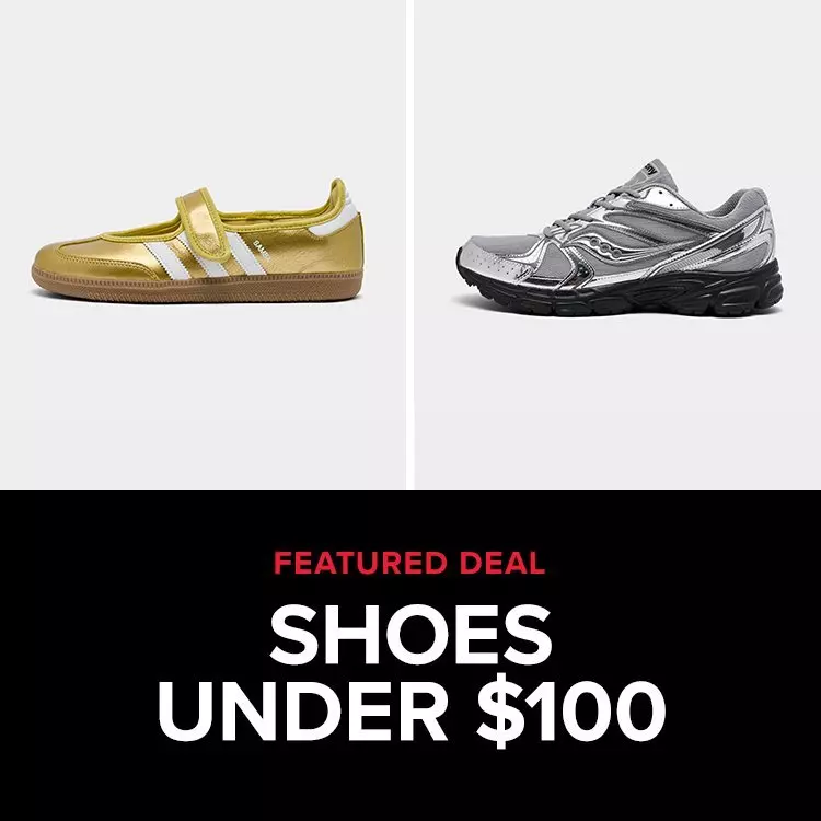 A gold metallic adidas Samba strap shoe and a metallic silver Saucony running sneaker sit above text reading Featured Deal Shoes Under $100.