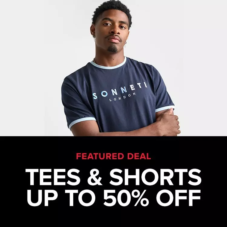 A man modeling a navy blue Sonneti London graphic t-shirt sits above promotional text reading Featured Deal Tees & Shorts Up to 50% Off.