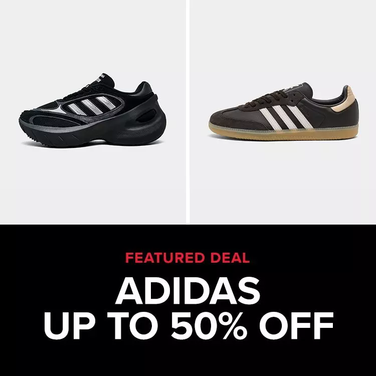 A chunky black adidas sneaker with metallic stripes and a dark brown Samba with gum soles sit above text reading Featured Deal adidas Up to 50% Off.
