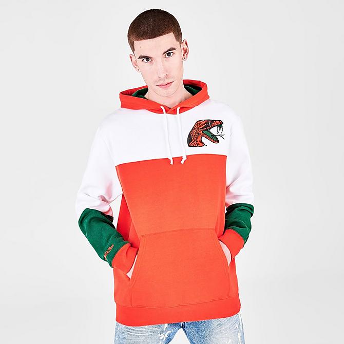 Back Left view of Men's Mitchell & Ness Florida A&M Rattlers College Colorblock Hoodie in Blue/White/Grey Click to zoom