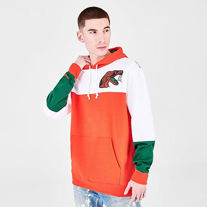 Back Right view of Men's Mitchell & Ness Florida A&M Rattlers College Colorblock Hoodie in Blue/White/Grey Click to zoom