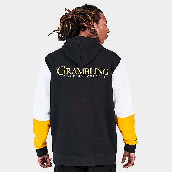 Front view of Men's Mitchell & Ness Grambling State Tigers College Colorblock Hoodie in Brown/White/Yellow Click to zoom