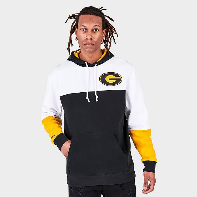 Back Left view of Men's Mitchell & Ness Grambling State Tigers College Colorblock Hoodie in Brown/White/Yellow Click to zoom
