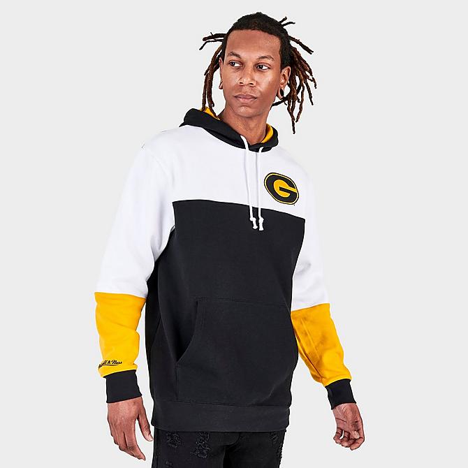 Back Right view of Men's Mitchell & Ness Grambling State Tigers College Colorblock Hoodie in Brown/White/Yellow Click to zoom