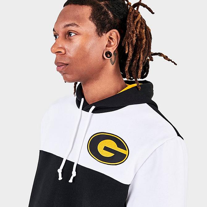 On Model 5 view of Men's Mitchell & Ness Grambling State Tigers College Colorblock Hoodie in Brown/White/Yellow Click to zoom
