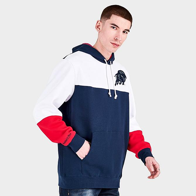 Back Left view of Men's Mitchell & Ness Howard Bison College Colorblock Hoodie in Navy/White/Red Click to zoom