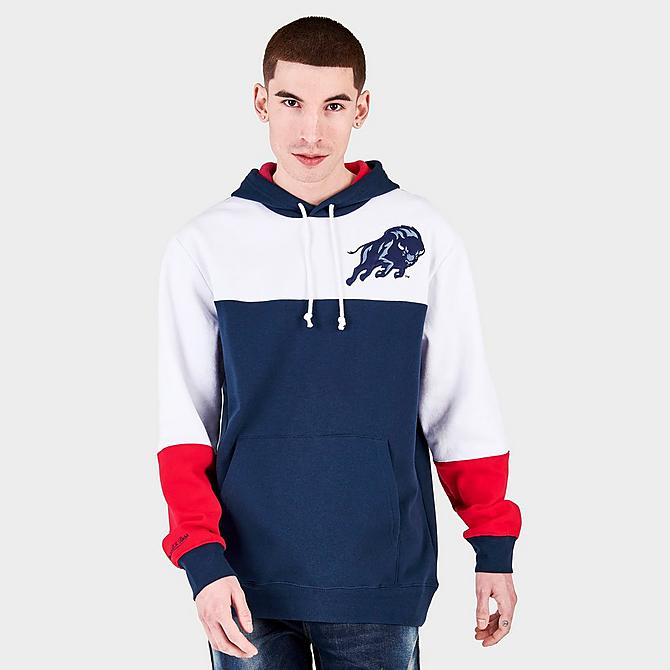 Back Right view of Men's Mitchell & Ness Howard Bison College Colorblock Hoodie in Navy/White/Red Click to zoom