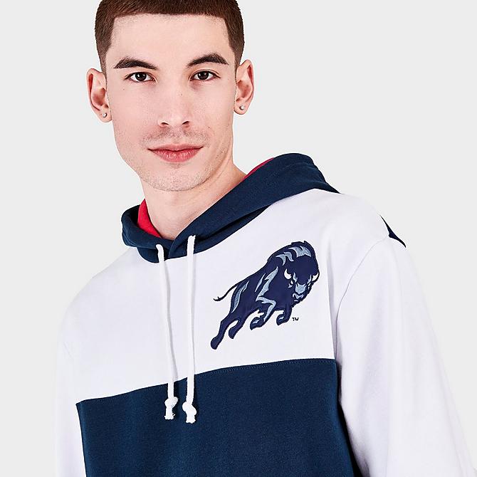 On Model 5 view of Men's Mitchell & Ness Howard Bison College Colorblock Hoodie in Navy/White/Red Click to zoom