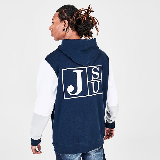 Front view of Men's Mitchell & Ness Jackson State Tigers College Colorblock Hoodie in Navy/Grey/White Click to zoom