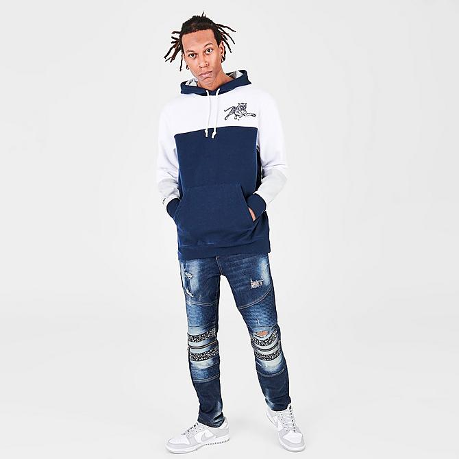 Front Three Quarter view of Men's Mitchell & Ness Jackson State Tigers College Colorblock Hoodie in Navy/Grey/White Click to zoom