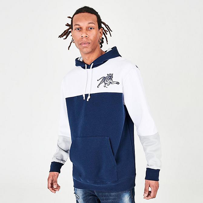 Back Right view of Men's Mitchell & Ness Jackson State Tigers College Colorblock Hoodie in Navy/Grey/White Click to zoom