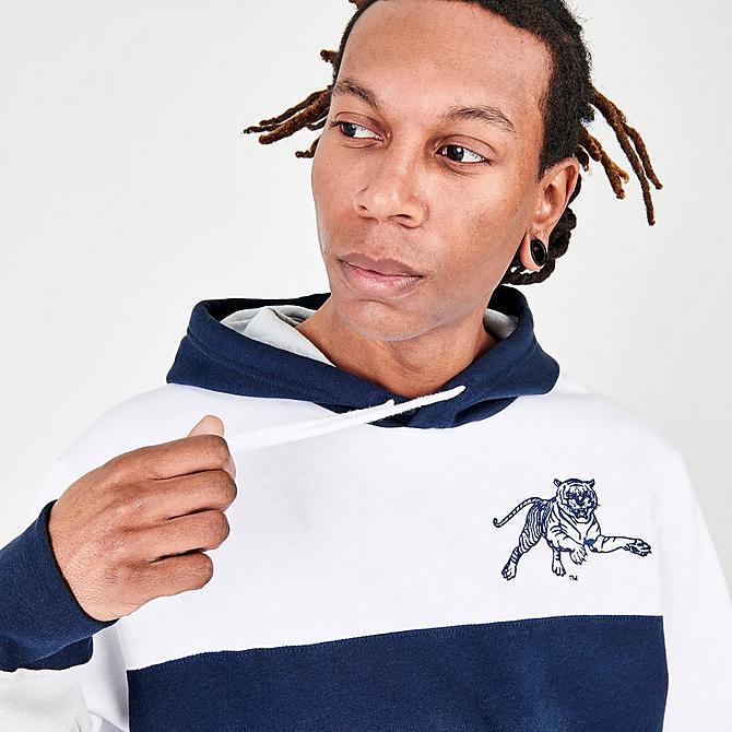 On Model 5 view of Men's Mitchell & Ness Jackson State Tigers College Colorblock Hoodie in Navy/Grey/White Click to zoom