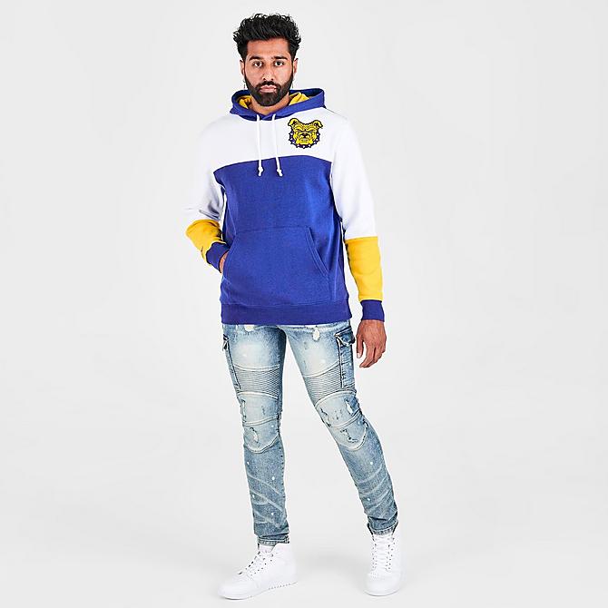Front Three Quarter view of Men's Mitchell & Ness North Carolina A&T Aggies College Colorblock Hoodie in Blue/White/Yellow Click to zoom
