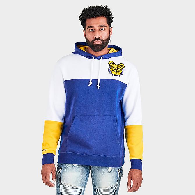 Back Left view of Men's Mitchell & Ness North Carolina A&T Aggies College Colorblock Hoodie in Blue/White/Yellow Click to zoom