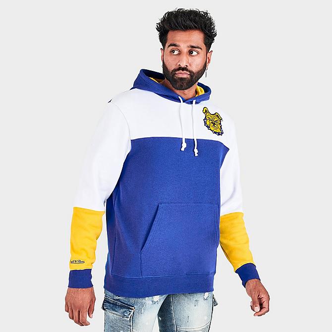 Back Right view of Men's Mitchell & Ness North Carolina A&T Aggies College Colorblock Hoodie in Blue/White/Yellow Click to zoom