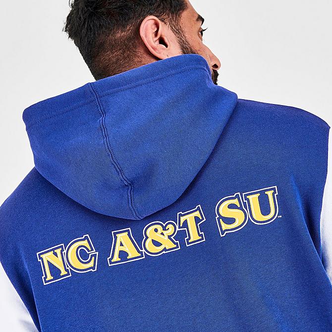 On Model 5 view of Men's Mitchell & Ness North Carolina A&T Aggies College Colorblock Hoodie in Blue/White/Yellow Click to zoom