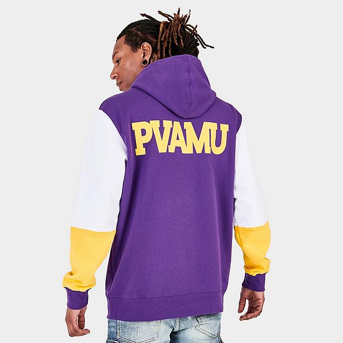 Front view of Men's Mitchell & Ness Prairie View A&M Panthers College Colorblock Hoodie in Purple/White/Yellow Click to zoom