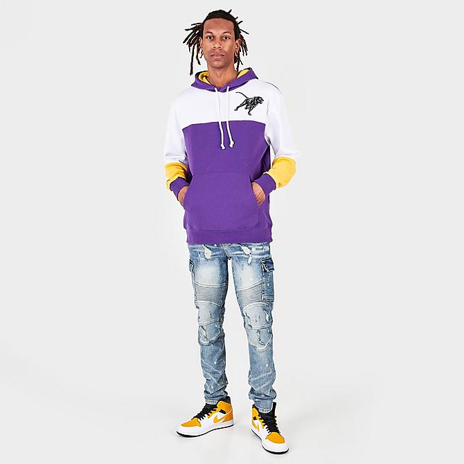 Front Three Quarter view of Men's Mitchell & Ness Prairie View A&M Panthers College Colorblock Hoodie in Purple/White/Yellow Click to zoom