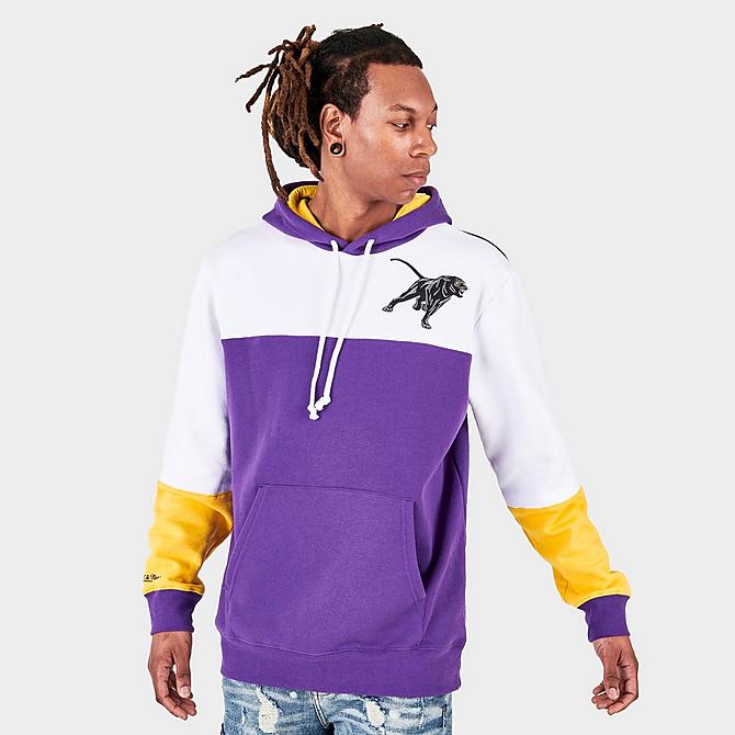 Back Left view of Men's Mitchell & Ness Prairie View A&M Panthers College Colorblock Hoodie in Purple/White/Yellow Click to zoom