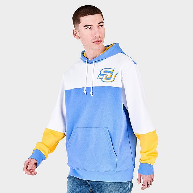 Back Left view of Men's Mitchell & Ness Southern University Jaguars College Colorblock Hoodie in Blue/White/Yellow Click to zoom