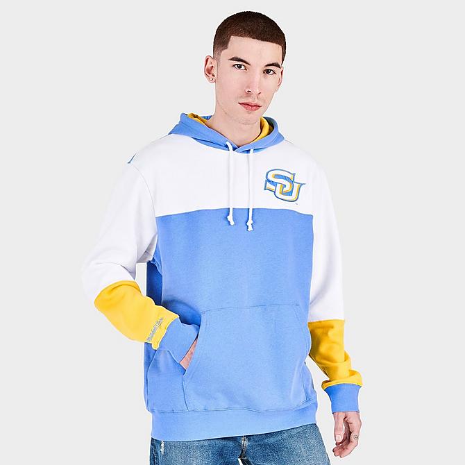 Back Right view of Men's Mitchell & Ness Southern University Jaguars College Colorblock Hoodie in Blue/White/Yellow Click to zoom